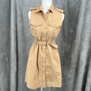 VTG John Henry Khaki Sleeveless Belted Button Front Shirt Dress Sz 12 Utility